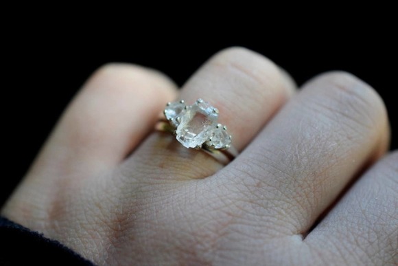 Wedding Set Oxidized or Bright Silver Ring Raw Stone Engagement Rings - Picture 3 of 10